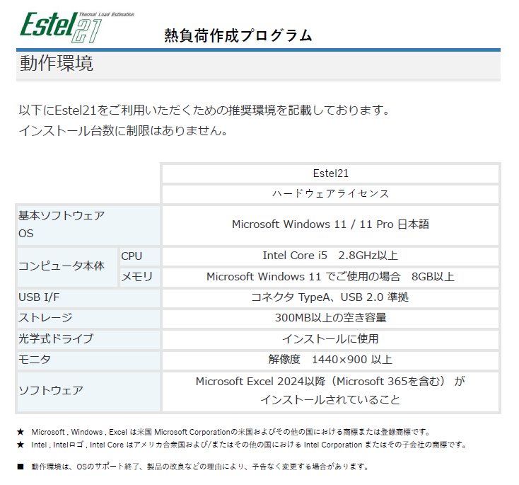 Estel21の動作環境